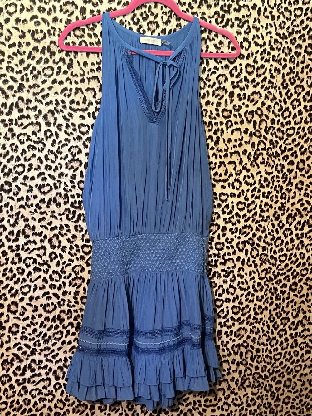 Ramy Brook Women’s Blue Sleeveless Smocked Ruffle Mini Dress Boho Size Medium
